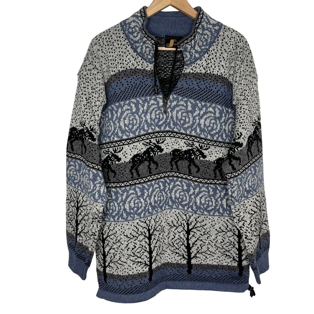 Vintage Levandi Quarter Zip Wool Sweater Mens Medium Blue Moose Fair Isle Cabin